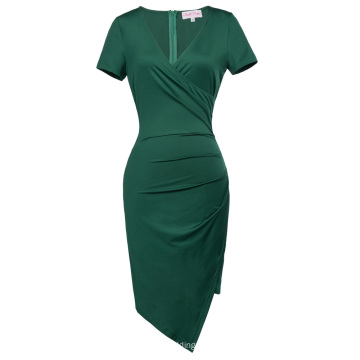 Belle Poque de manga corta con cuello en V asimétrico caderas-envuelto verde oscuro Bodycon lápiz vestido BP000363-3